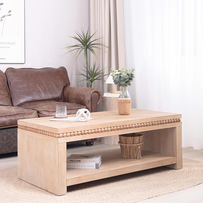 Rectangular Coffee Table with Real Wood Beads, Rustic Wooden Center Table with Open Storage Shelf, Farmhouse Tea Table for Living Room Apartment Office,47.6" L x 23.7" W x 18" H