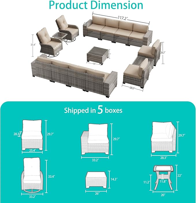 15-Piece Outdoor Patio Furniture Set with Rocking Swivel Chair Wicker Sectional Sofa Set, Patio Conversation Set with Thickened Cushions & Coffee Table for Garden, Backyard, Poolside, Beige