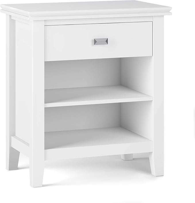 SIMPLIHOME Artisan Bedside Table - 24 inch Wide Solid Wood Nightstand Table in White, Transitional Bedroom Side or End Table with 1 Drawer and Open Shelf Storage by SimpliHome