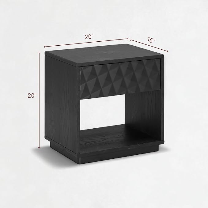 NTC Sapa Solid Wood Nightstand with 3D Carved Drawer Front – Modern Bedside Table with Open Shelf, Easy Assembled - Burnt Black - Image 2