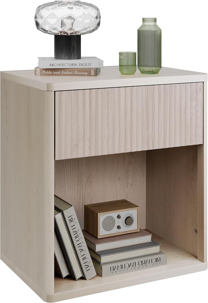 WLIVE Night Stand, Wood Nightstand with Storage Drawer and Open Shelf, Fluted Bedroom Nighstand, Mid Century Bed Side Table, End Tables Living Room, Dorm, Home Office, White Alder by WLIVE