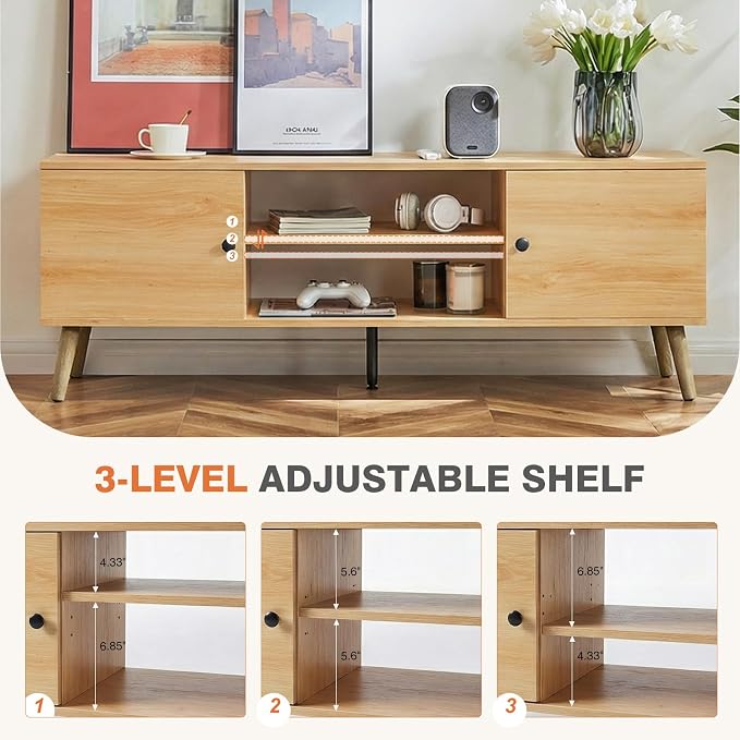 Sweetcrispy TV Stand for 55 60 inch TV, Modern Mid Century Entertainment Center with Storage, Media Console Table 2 Cabinet, Soft Hinge, Handle Door, Wooden Living Room, Office Furniture, Oak - Image 4