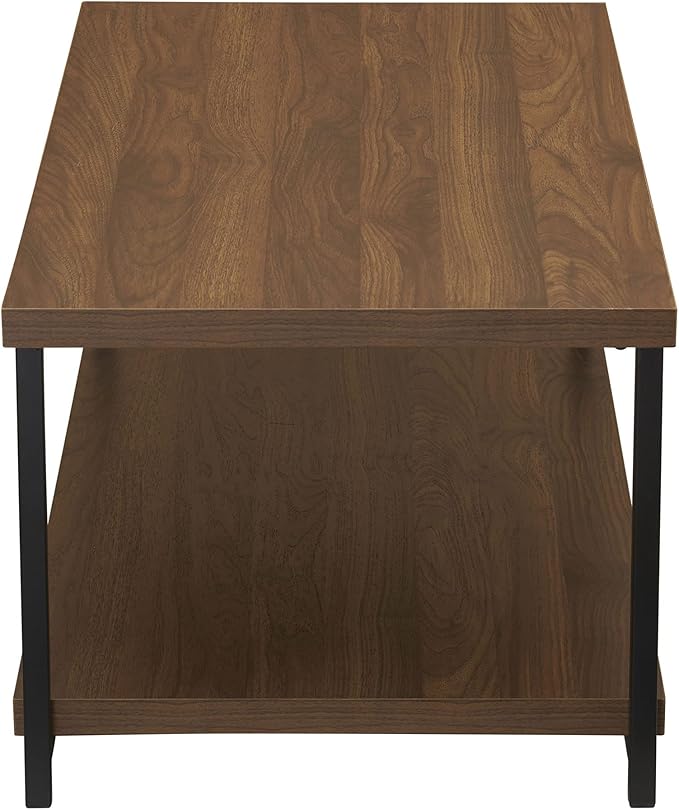 Household Essentials Jamestown Rectangular Coffee Table with Storage Shelf Mid Century Walnut Wood Grain and Black Metal