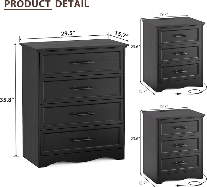 Bedroom Set, 3 Pieces Bedroom Furniture Set, Wood 4 Drawer Dresser and 3 Drawers Nightstands with Charging Station, Farmhouse Storage Organizer Cabinet for Bedroom, Black
