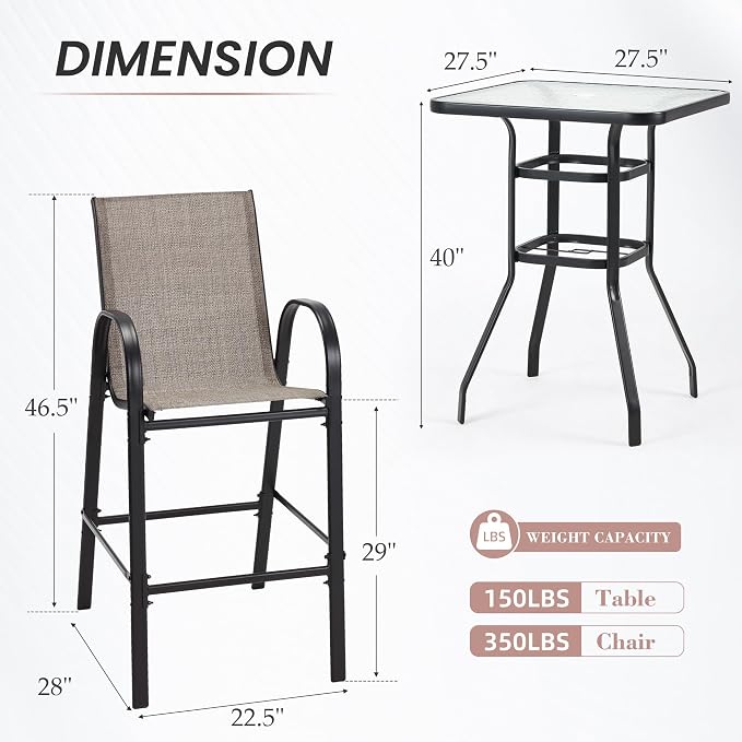 HOMREST Outdoor Bar Height Stools Set of 5,4 High Back Patio Bar Chairs with Outdoor High Top Table,All Weather Outdoor High Top Bistro Set Furniture for Patio,Balcony,Taupe - Image 3