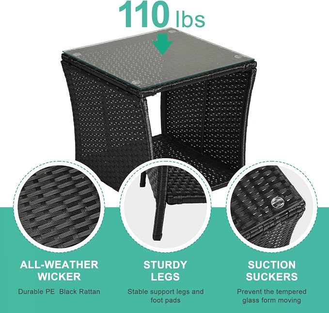 VINGLI Outdoor Wicker Side Table Patio Side Tables for Outside, Tempered Glass Top Wicker Table with Storage End Table for Balcony Porch Deck (Black) - Image 4