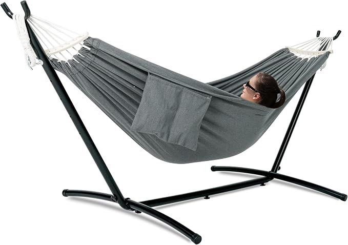 GAFETE Double Hammock with Stand for Outside, Upgraded Spreader Bar, Heavy Duty Space Saving Steel Stand 2 Person, Side Pocket, Easy Assembly, 600lbs Weight Capacity, Indoor & Outdoor (Dark Grey) by GafeteOutdoorLiving