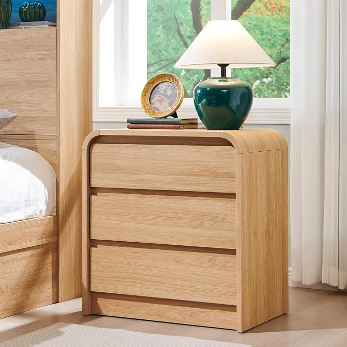 Aitjunz 25" Tall Modern Nightstand with Charging Station, 23.6'' Wide Wood Bedside Table w/3 Storage Drawers, Small Dresser w/Curved Profile Design, End Table for Bedroom, Natural Oak - Image 6