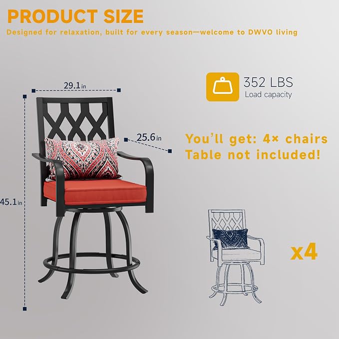 DWVO Metal Outdoor Bar Stools Set of 4, Heavy-Duty Bar Height Outdoor Chairs 352 Lbs Capacity, All-Weather E-Coated Swivel Barstools with Red Cushion & Paisley Pattern Pillow for Patio Deck Balcony - Image 2