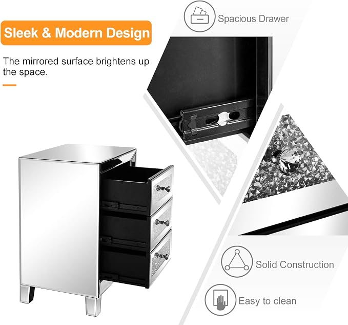 VINGLI Mirrored Nightstand with 3 Drawers Modern End Table Bed Side Table with Mirrored Finish, 17.72-inch W x 13.78-inch D x 23.62-inch H, Silver - Image 5
