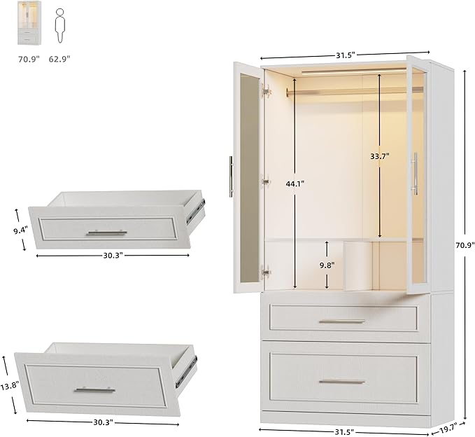 Armoire Wardrobe Closet with Drawers and LED Lights,71" Bedroom Closet Wardrobe Cabinet with 2 Glass Doors & Hanging Rod, Wooden Freestanding Armoire Storage Cabinet for Cloakroom,White