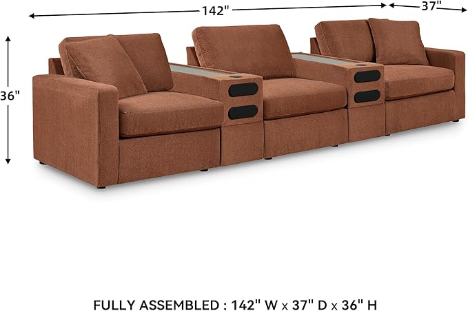 Signature Design by Ashley Modmax Contemporary Stain Resistant 5-Piece Sectional with Audio Consoles, Armrest, Throw Pillows, Reversible Cushions and USB Port, Orange