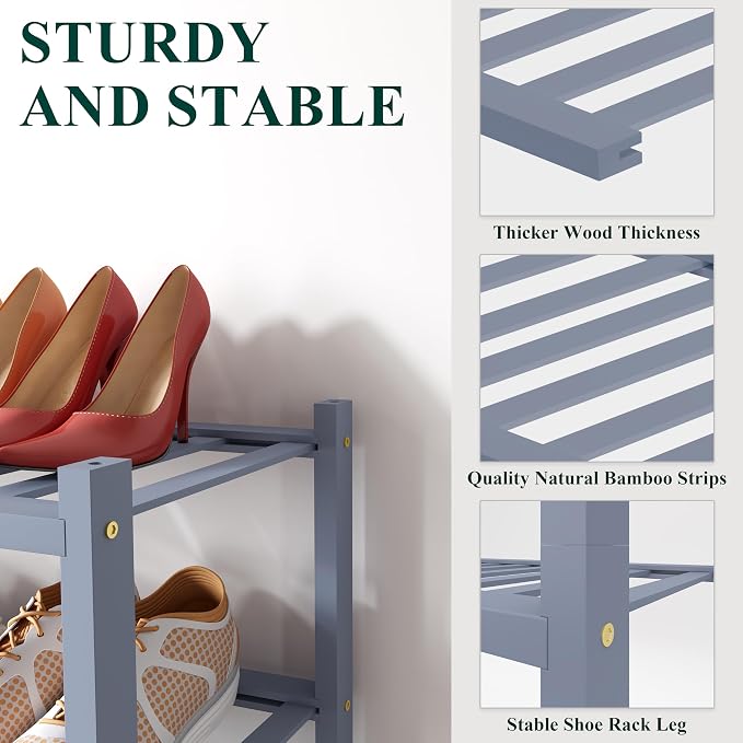 Smiry Bamboo Shoe Rack for Closet, 6 Tier Small Wooden Stackable Shoe Organizer, Free Standing Shoes Storage Shelf for Entryway, Front Door Entrance, Grey - Image 2