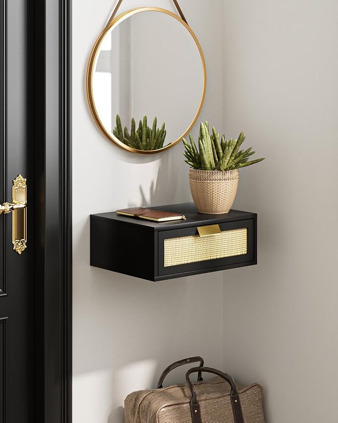 Aienvey Floating Nightstand, Floating Shelf with Drawer, Wall Mounted Nightstand, Floating Bedside Table (Black Rattan) - Image 7