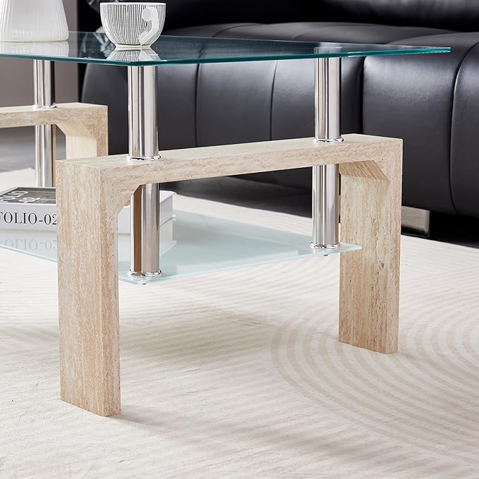 Living Room Rectangle Coffee Table, Tea Table Suitable for Waiting Room, Modern Side Coffee Table with Wooden Leg, Glass Tabletop with Lower Shelf (Yellow Travertine)