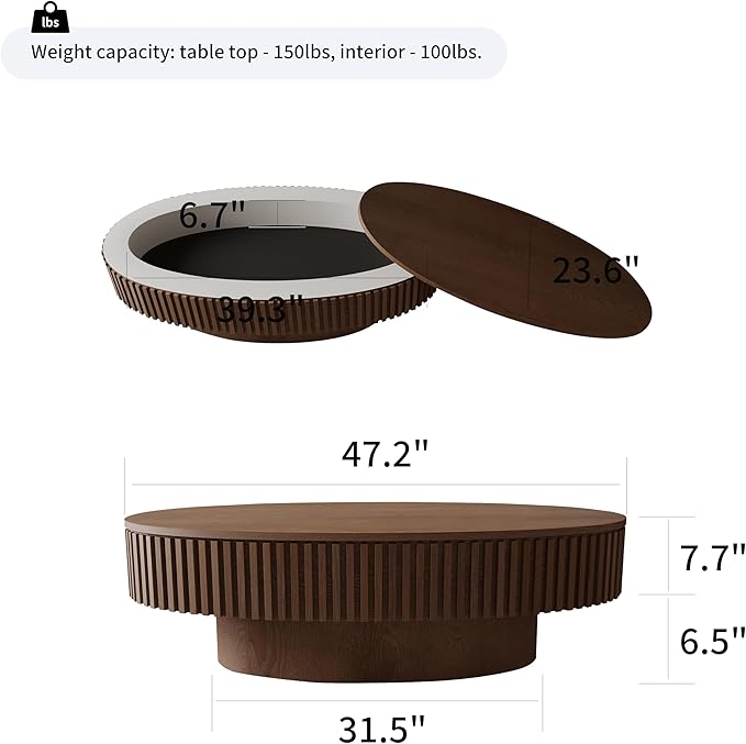 Oval Coffee Table with Storage for Living Room Fluted Pedestal Coffee Table Modern Handcrafted Centre Table for Apartment, Easy Assembly 47.2"x23.6", Walnut