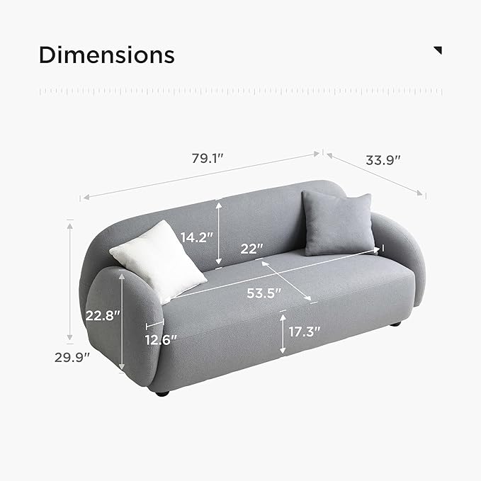 Acanva Modern Minimalist Sofa for Living Room Lounge Home Office, Rounded Edges Couch with Soft Boucle Upholstered, 74”W, Grey