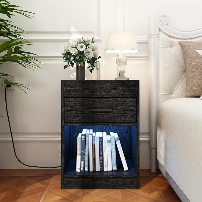 Auromie Nightstand with Charging Station and LED Lights, Concealment Furniture with RFID Lock Cabinet and Power Outlets, Bedside Table with Hidden Compartment for Valuables Storage, Black - Image 9