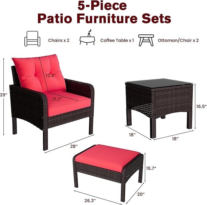 U-MAX Outdoor 5 Pieces Patio Furniture Set, PE Rattan Wicker Chairs with Ottoman and Table, Bistro Set for Front Porch, Garden, Backyard, Balcony, Brown/Red