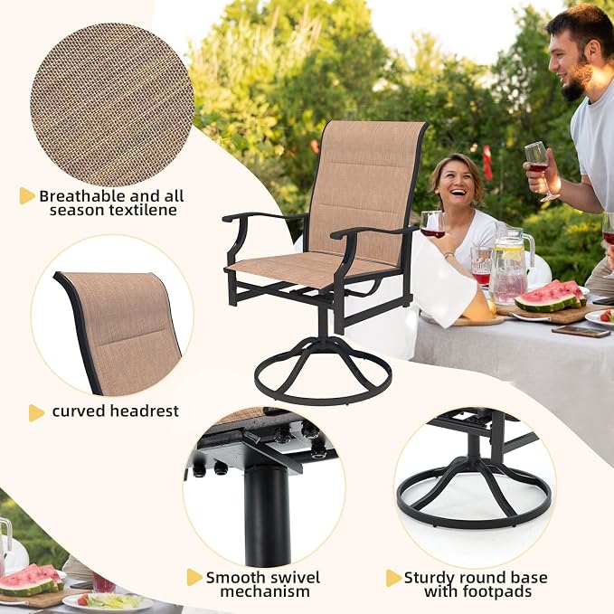 BUPPLEE Outdoor Patio Dining Set with 6 Swivel Chairs, Metal Table with Umbrella Hole, 7-Piece Patio Table and Chairs for Backyard, Poolside, Balcony and Garden (Brown) - Image 3