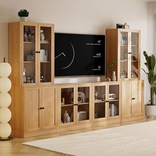 TUSY 71" TV Stand Storage Set - 2 Tall Bookcases & 2 Side Cabinets, Media Console with Glass & Wood Doors, Entertainment Center with Drawers, Tall Media Console for Living Room (Wood, ADDA) by TUSY