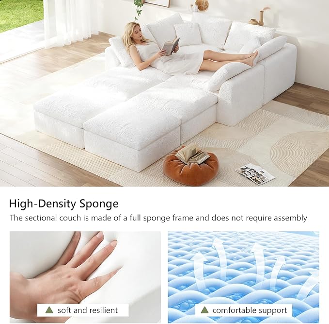 Modular Sectional Sofa Boneless Cloud Couch for Living Room, U Shape Deep Seat Recliner Sofa with Ottoman, Adjustable Backrest & 2 Throw Pillows - Covers Washable, (White, 4 Seater+4 Ottoman)