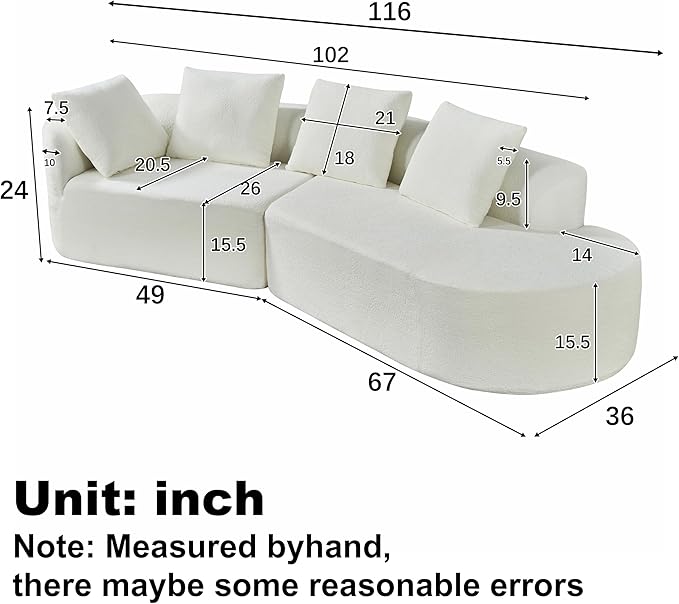 Merax 116" Curved Polyester Sectional Sofa, Modern Pearl Upholstery 3 Seat Cloud Couch with Chaise Lounge & 4 Pillows for Living Room, Beige