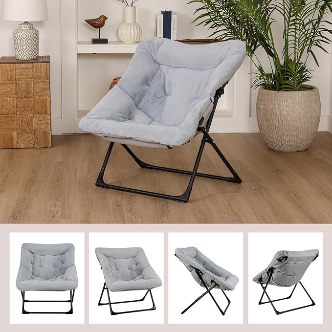 Comfy Saucer Chair for Adults, Soft Faux Fur Bedroom Chair, Accent Dorm Chairs, Flexible Living Room Reading Chairs, Oversized Folding Seat for Teens, X-Large, Grey