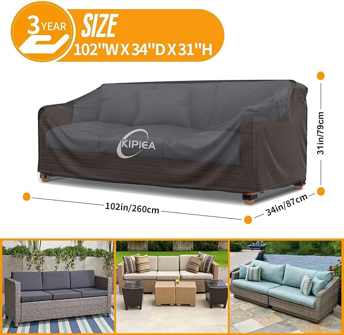 Kipiea Patio Sofa Cover, Heavy Duty Outdoor Couch Covers Waterproof Winter, 3-Seat Patio Furniture Cover Loveseat, Outdoor Sofa Covers with Anti UV and No Tears, No Fading (102"W x 34"D x 31"H) - Image 2