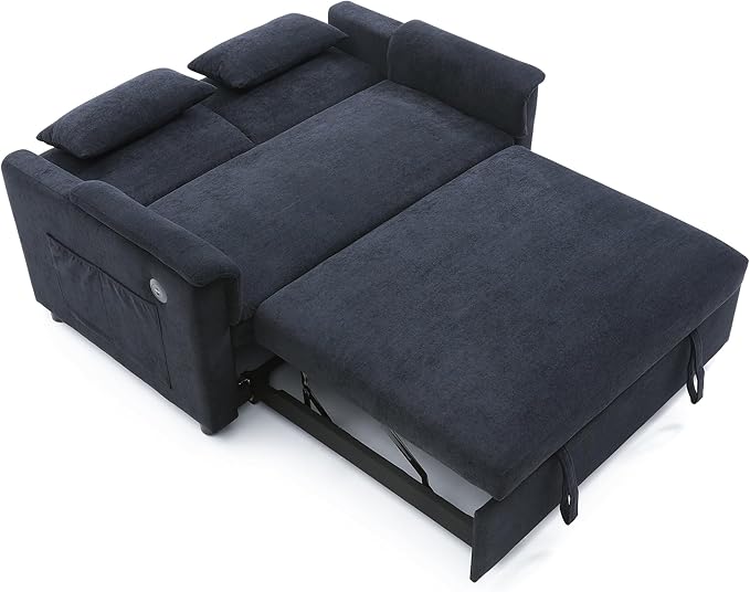 55" Convertible Loveseat Pull Out Sofa Bed for Living Room 3 in 1 Multi-Functional Sleeper Sofa Chaise Lounge Daybed Sofacama w/Adjustable Backrest,USB Ports,Side Pockets