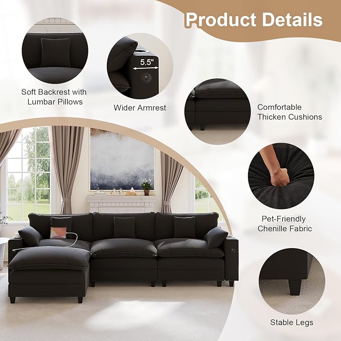 116" Modular Sectional Sofa, L Shaped Cloud Couch with Movable Ottoman, Chenille Deep Seat Cloud Sofa with Charging Station, Cup Holder, Side Pocket, Sectional Couches for Living Room, Black