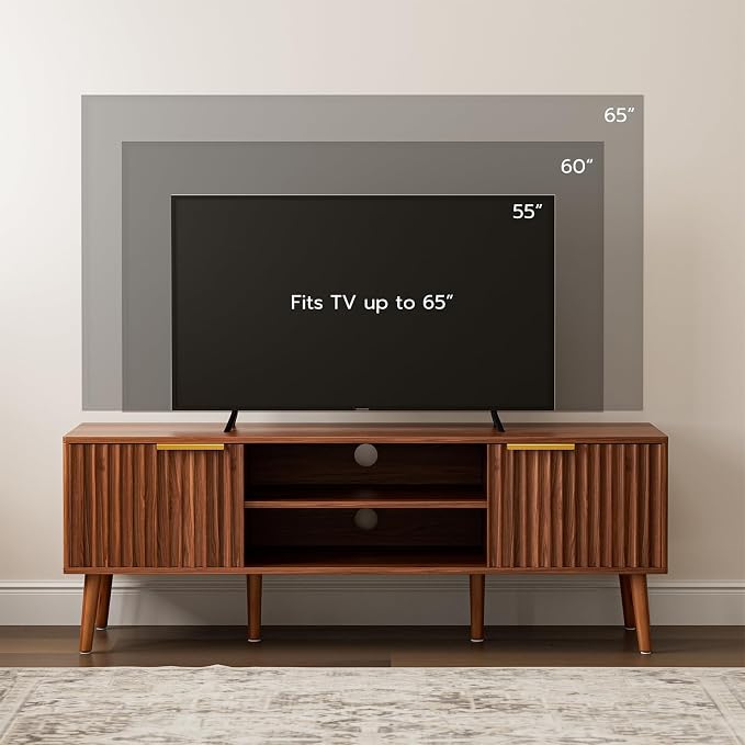 LCRBOL TV Stand for Living Room, Mid Century Modern Entertainment Center for 55/60 inch TVs, TV Console with Fluted Door Cabinets and Open Shelves, for Bedroom, Walnut - Image 3