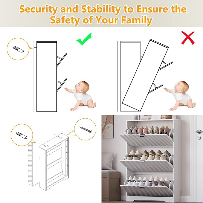 BORNOON Entryway Shoe Cabinet with 3 Flip Drawers, Narrow Shoe Organizer Cabinet with Fluted Panel and Adjustable Shelves for Foyer, Hallway - Image 7