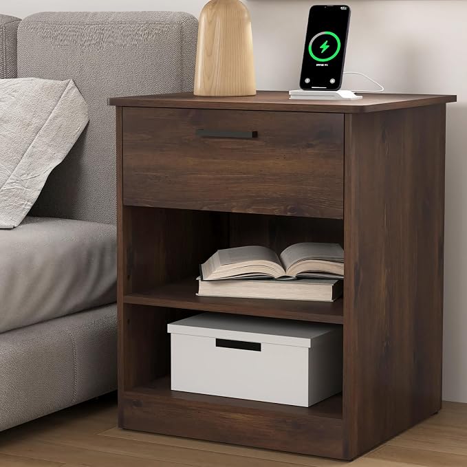 Night Stand with Charger Station, Modern Nightstand with USB Type-C Ports and AC Outlets, Large Bedside Table with Drawer and Open Storage, Wooden End Table for Bedroom (Brown, 1 Drawer) by VibeDine