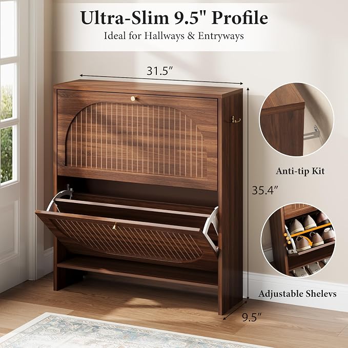 Nicetree Arch-Chic Shoe Cabinet for Entryway, Modern Mid-Century Shoe Storage Cabinet with Fluted, Narrow Shoe Rack with Adjustable Shelves & Tipping Protection, Fits Size 12 Shoes,Luminous Walnut - Image 2