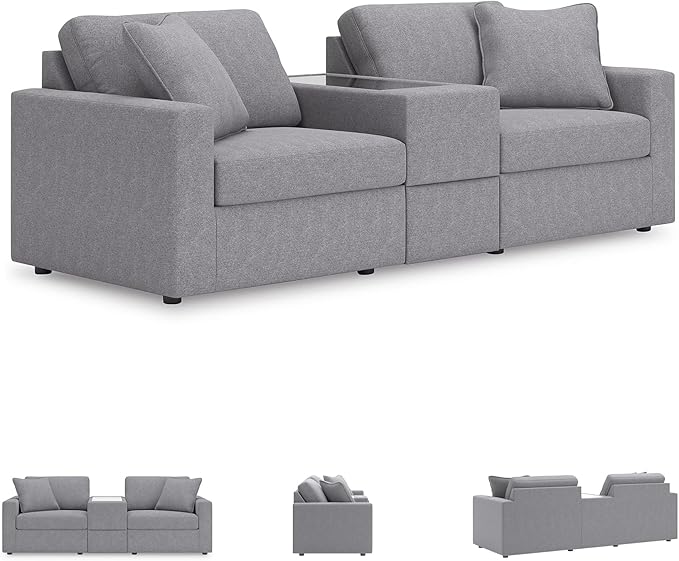 Signature Design by Ashley Modmax Casual Modular Stain Resistant 3-Piece Sectional with Storage Console, Drawer and 2 Accent Pillows, Gray