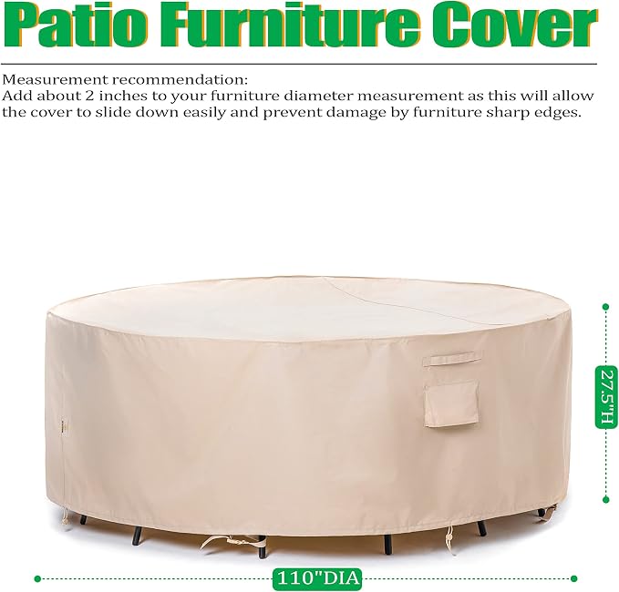 F&J Outdoors Patio Furniture Covers Waterproof UV Resistant Rip-stop Fabric Large Outdoor Furniture Covers, Beige,110" Dia x 27.5" H - Image 2