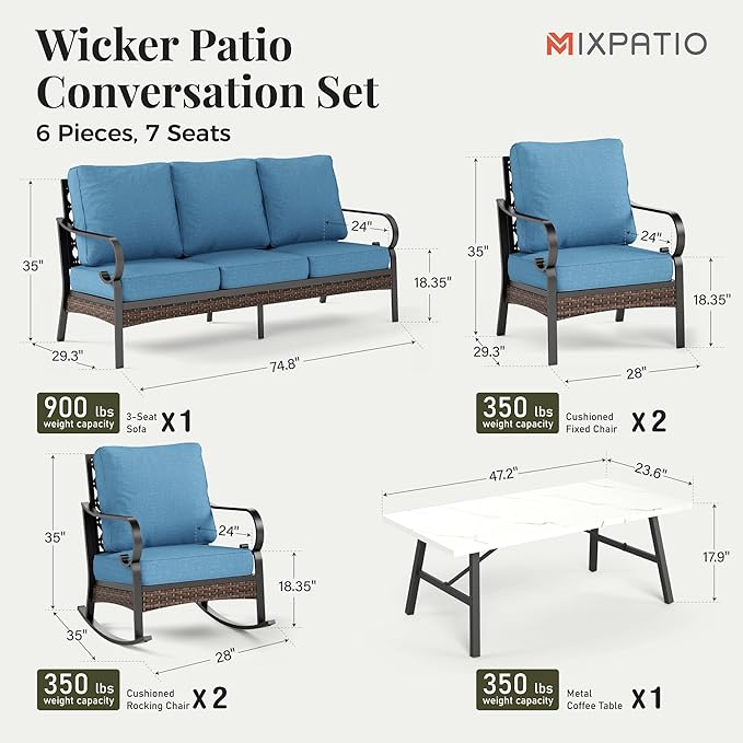 Patio Furniture Set with Coffee Table, Outdoor Conversation Set with 2 x Fixed Chairs, 2 x Rocking Chairs, 1 x 3-Seat Sofa for Lawn Garden Backyard, Navy Blue