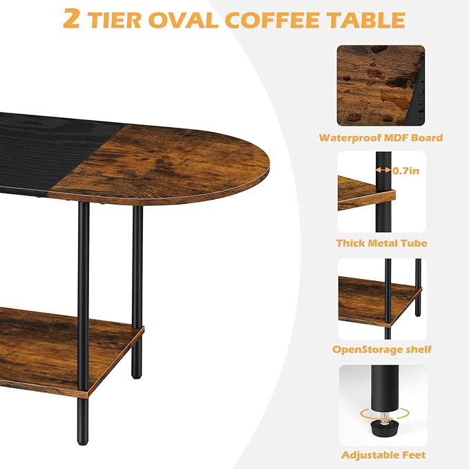 ETELI Small Round Coffee Tables for Small Space Farmhouse Oval Coffee Table with 2-Tier Storage Shelf Circle Center Tea Table for Living