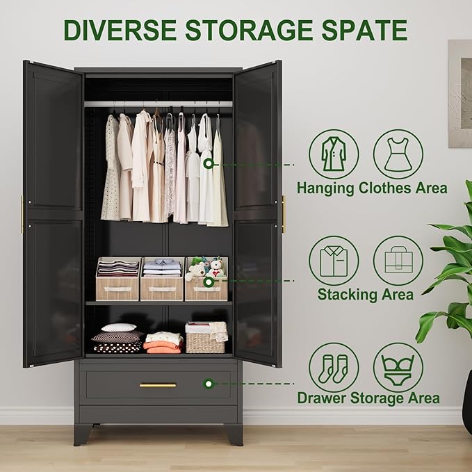 winiowa Metal Armoire Wardrobe Closet with Drawer, 71" Wardrobe Cabinet with Adjustable Shelves and Hanging Rod, Clothing Storage Cabinet Closet with Mirror for Bedroom-Black