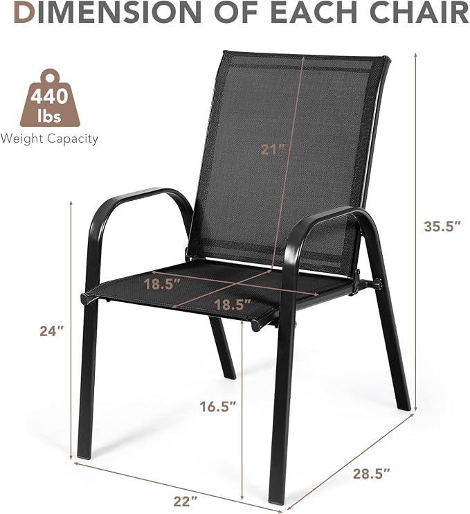 Tangkula 2 Piece Patio Dining Chairs, Outdoor Bistro Chairs W/Curved Armrests, Easy-to-Dry Fabric, Reinforced Steel Frame, Wide & Comfortable Camping Chairs for Garden, Poolside, Backyard (1, Black) - Image 3