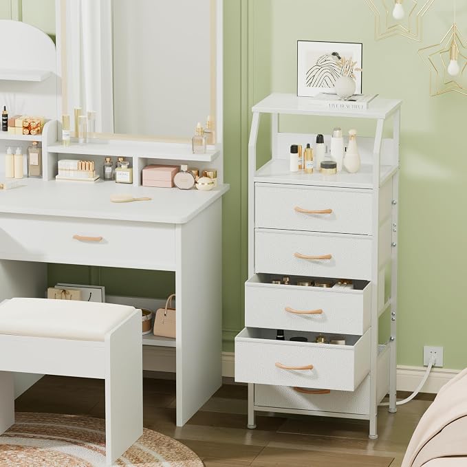 Furnulem 5 Drawers Dresser with Charging Station, Tall Night Stand with Open Shelf, Storage Tower with PVC & Fabric Drawer, Bedside Table for Bedroom, Closet, Entryway, 3 Ways to Use, White - Image 2