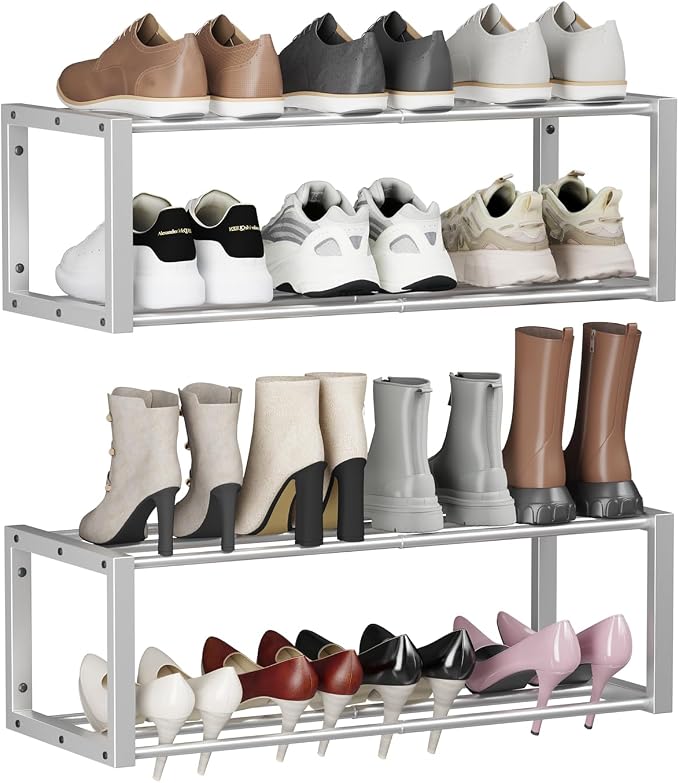 Homeiju Hanging Shoe Organizer,2 Pack Wall Mounted Shoe Rack Holds 12 Pairs,Space Saving Metal Wall Shoe Rack,Hanging Shoe Rack Shoe Holder for Small Space,Entryway,Closet,RV,Camper (Silver) by Homeiju