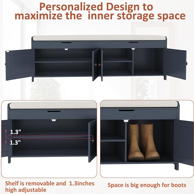 HOMEFORT 54.4" Shoe Bench with Lift Top Storage, Entryway Bench with Cushioned Seat, Wooden End of Bed Bench, Shoe Cabinet Bench with Hidden Storage Space, for Bedroom, Hallway,Blue - Image 6