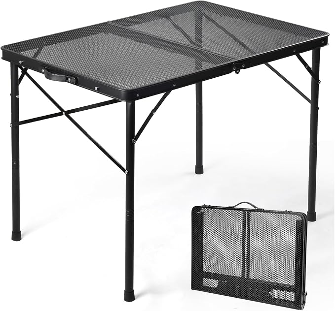 3 ft Folding Table with Adjustable Height, Camping Table with Carry Handle, Metal Mesh Table ,Portable Grill Table for Camping, Tailgating, BBQ, Picnic & Indoor, Fits 3–6 People, Supports 66 lb, Black by EEASTSTORM
