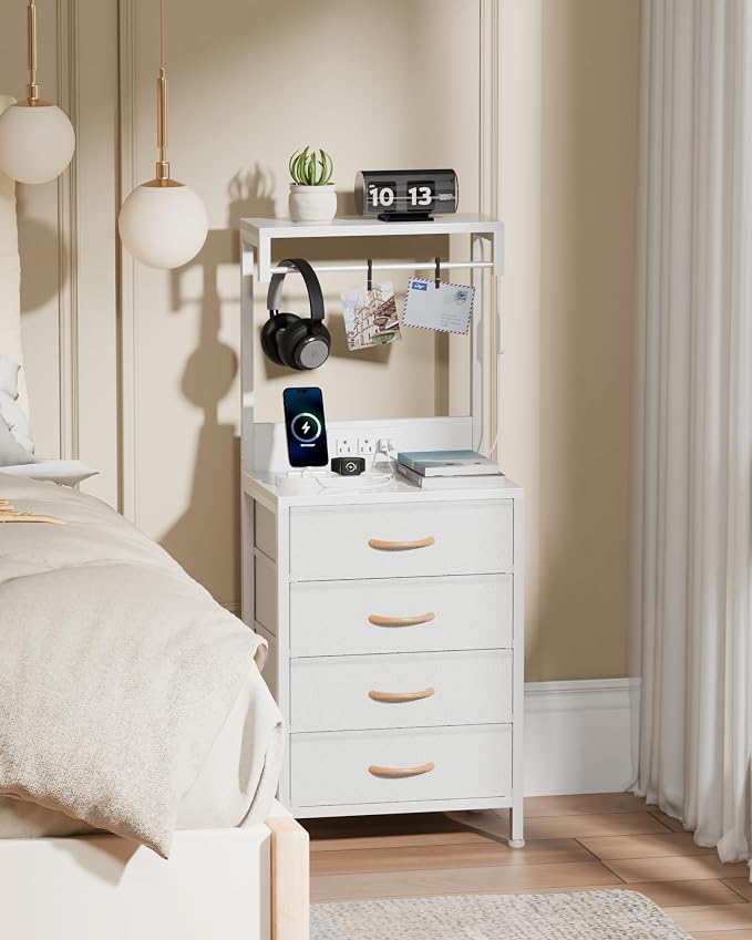 Furnulem White Nightstand, 38 inches Tall Night Stand with Charging Station and LED Lights, Bedside Table for Bedroom, Office, Hallway, 4 Fabric Drawers, Metal Frame, Wood Shelves - Image 2