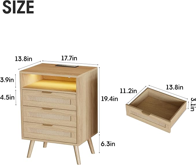 Halitaa Rattan Nightstands Set of 2 with Charging Station and Led Lights and 3 Drawers, Boho Night Stand Set 2 with Open Storage, Rattan Bedside Table Side Table, End Tables for Bedroom, Light Wood - Image 2