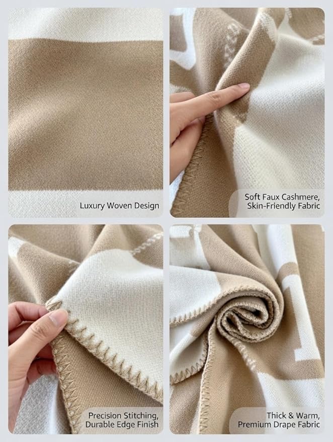 Fcteap h Blanket Soft Throw Blanket Faux Fleece Cashmere Plaid Warm Shawl Thick Knitted Plush Cozy Comfy for Women Throw Blanket for Sofa Couch Bed Queen King Size 55x66 in (Khaki-2)