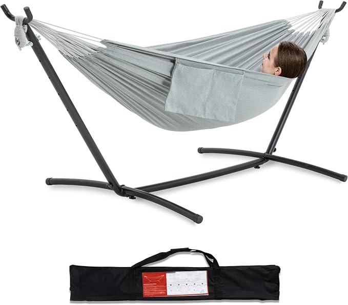 PNAEUT Double Hammocks with Stand for Outside, Portable Space Saving Heavy-Duty Steel Stand for Indoor Outdoor Patio with Carrying Bag, 450 lbs Capacity (Gray) by PNAEUT