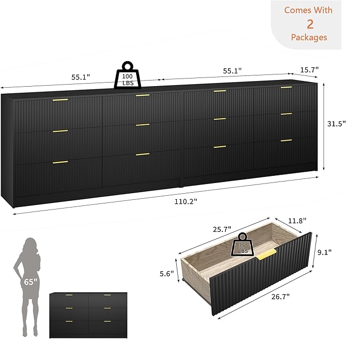 Black Dresser Set of 2, Large Dresser for Bedroom Wooden with 12 Drawers, Fluted Modern Bedroom Furniture Set, TV Stand Dressers & Chests of Drawers for Closet (15.7"D x 110.2"W x 31.8"H)